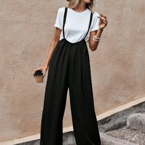 Black Casual Women's Solid Wide Leg Suspender Jumpsuit Without Tee - Picture 1 of 7